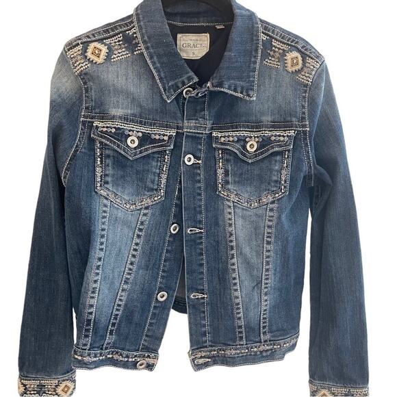 GRACE Aztec/Southwestern Cropped Embroidered Denim Jacket, Festival, Boho, S - Picture 5 of 8